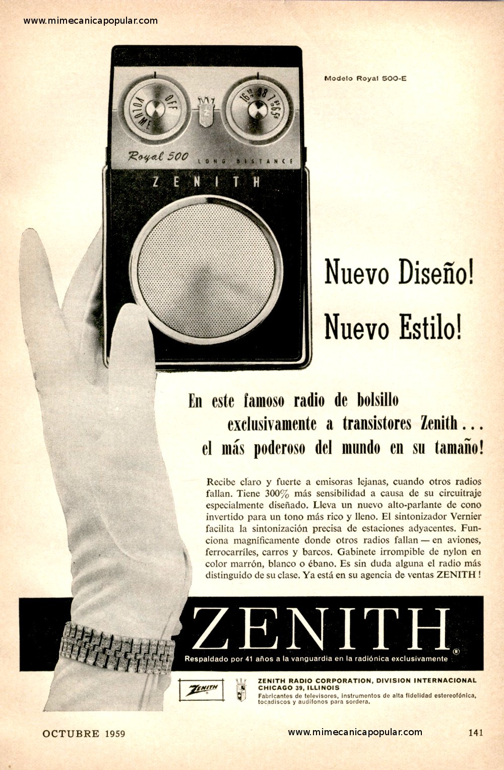 Publicidad - Radios Zenith -Royal 500 - Octubre 1959