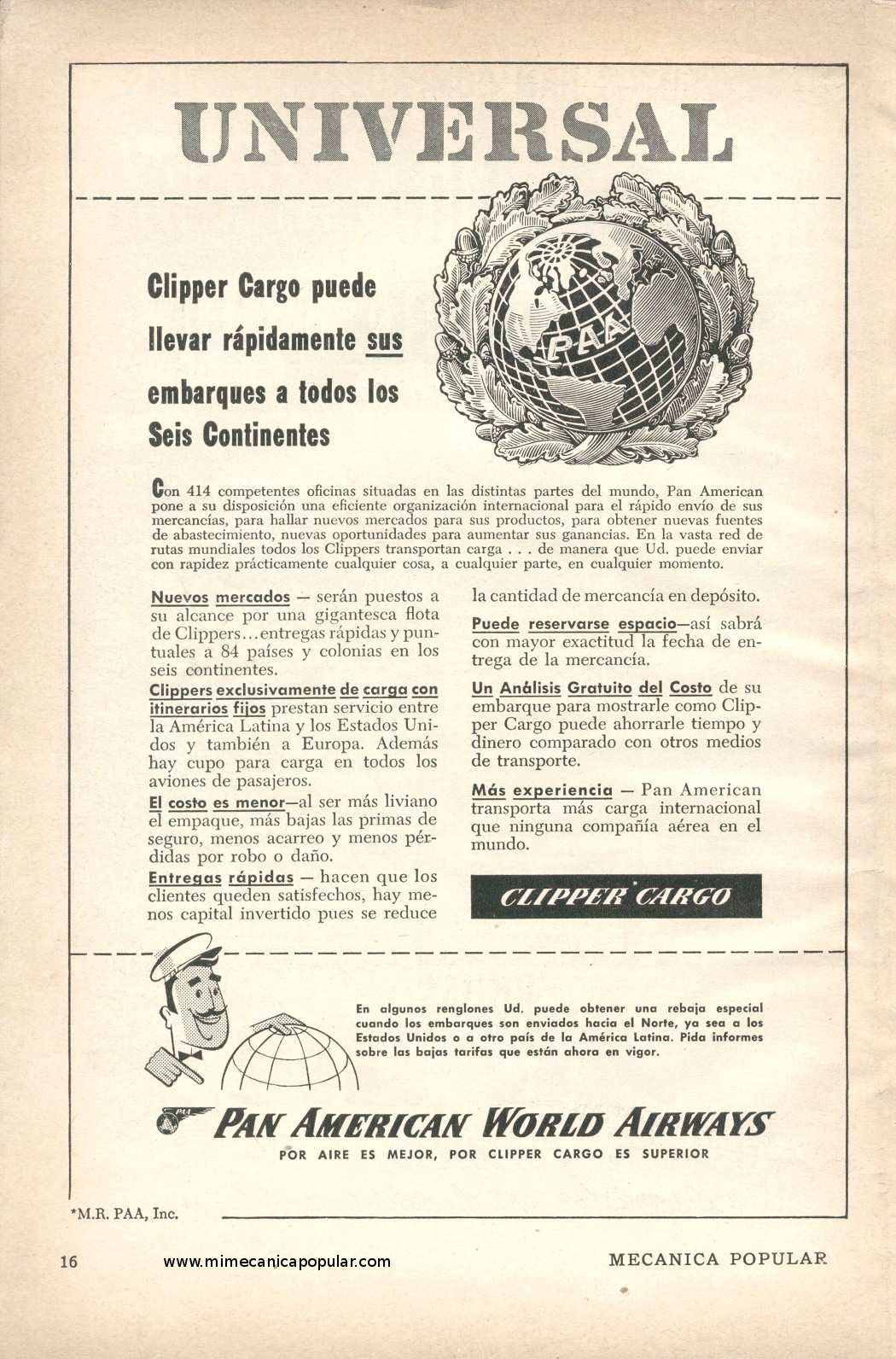 Publicidad - Clipper Cargo - Pan American World Airways - Junio 1954