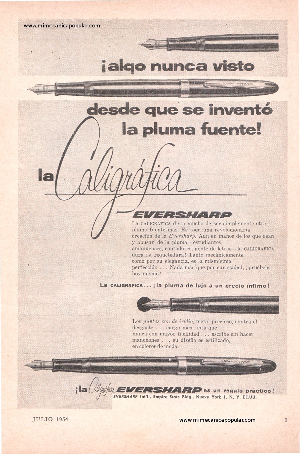 Publicidad - Pluma Fuente - La Caligráfica - Eversharp - Julio 1954
