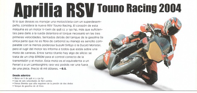 Motocicleta Aprilia RSV Tuono Racing 2004 - Diciembre 2003