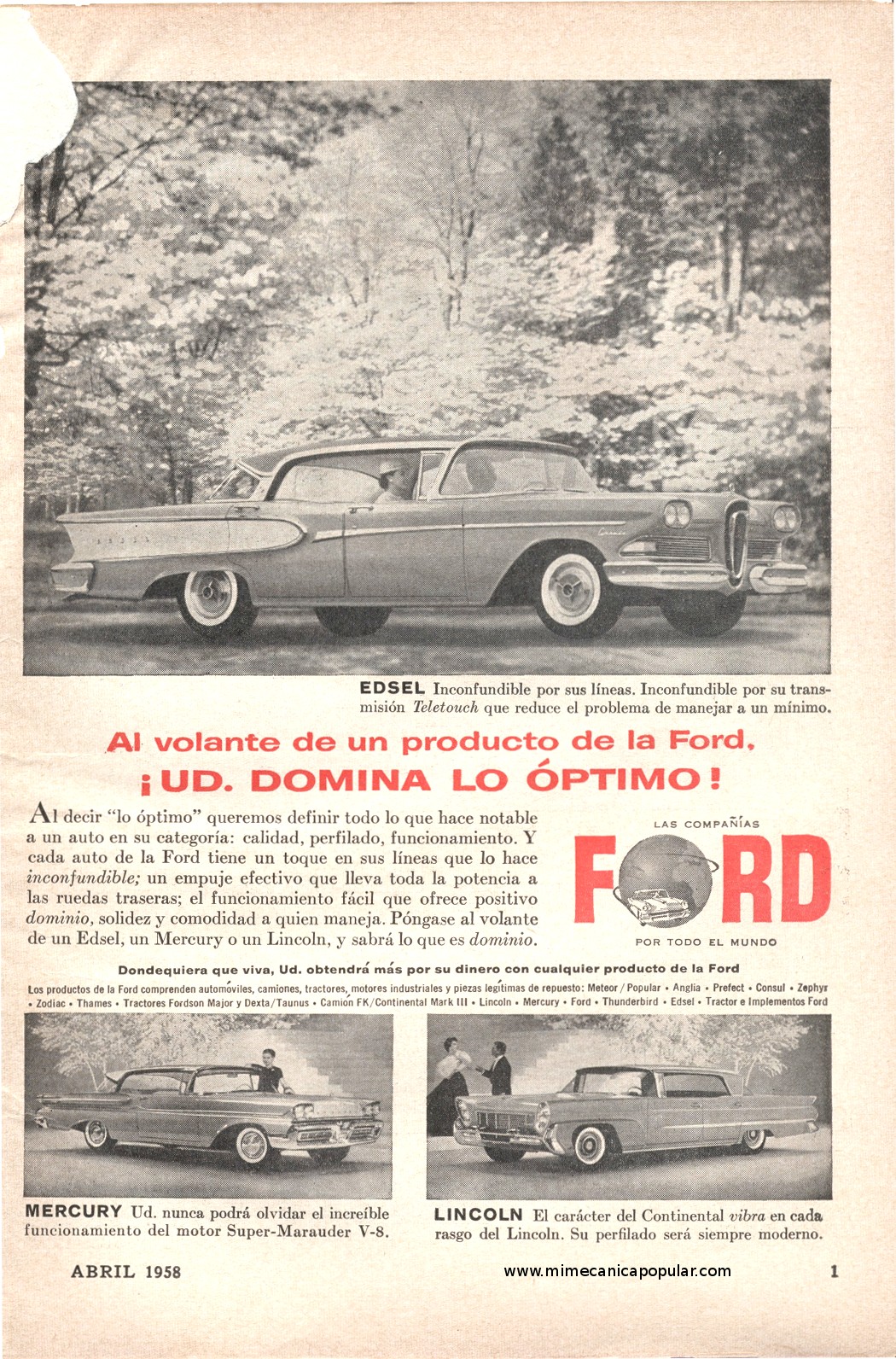 Publicidad - Autos Ford - Abril 1958