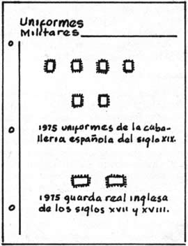 Aquí aparece una página sugiriendo como montar los sellos de la temática Uniformes Militares, en orden cronológico de aparición de los sellos y con una información mínima de la que se representa en los sellos