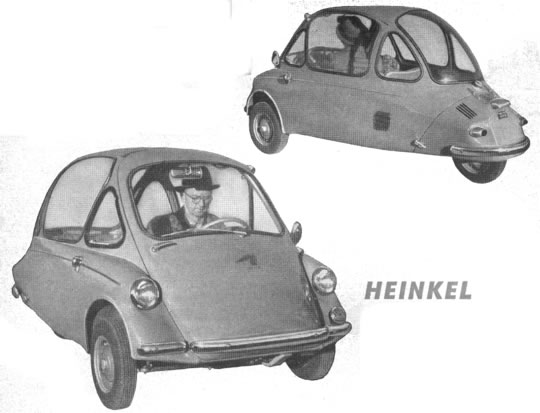El Heinkel, que pesa 243 kilos, tiene tres ruedas y un motor trasero de un cilindro, enfriado par aire. El motor de cuatro tiempos tiene un desplazamiento de 0.170 litro y, cuando se le cambia el aceite, sólo se le pone un litro