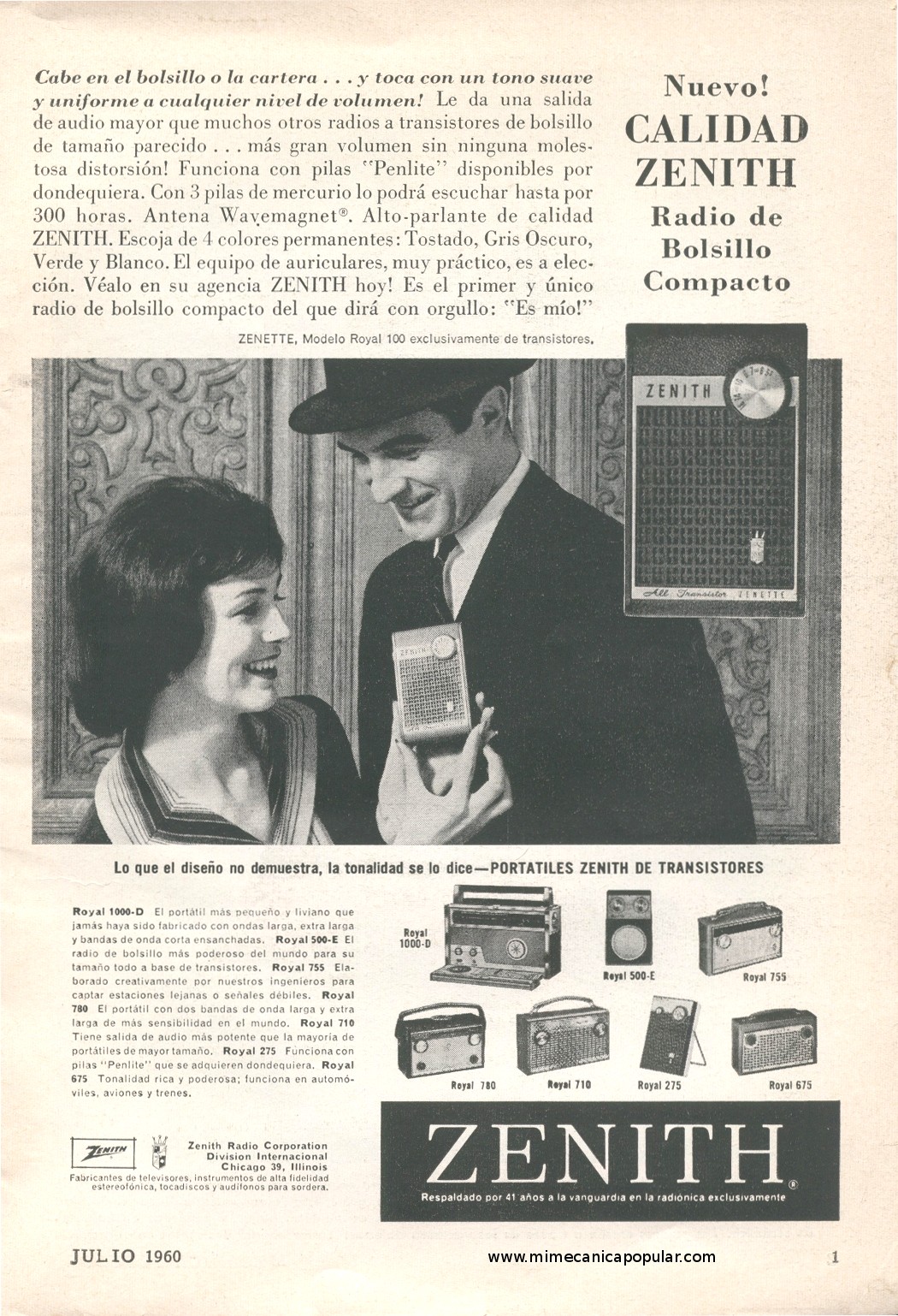 Publicidad - Radio de Bolsillo Zenith - Julio 1960