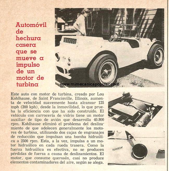 Automóvil de hechura casera que se mueve a impulso de un motor de turbina - Marzo 1973